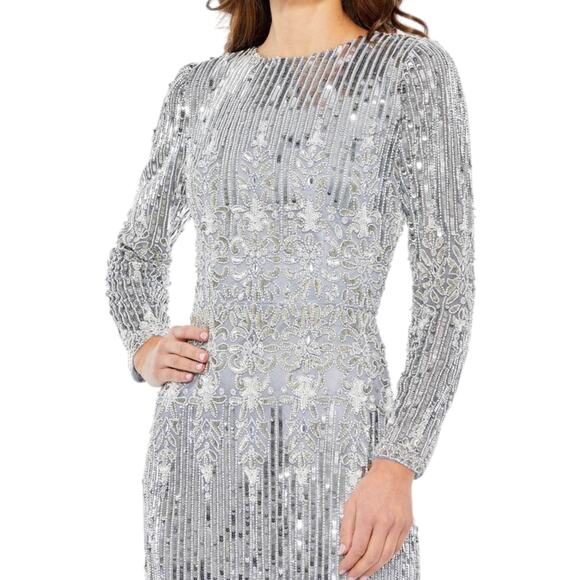 Mac Duggal Embellished Long Sleeve Midi Dress Platinum 5576 Size 20 - Picture 2 of 13